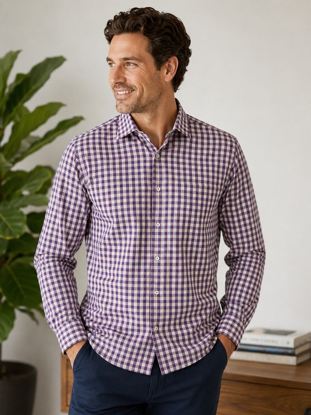 Peter Millar SZ M 100% Soft Cotton Plaid Button Down Shirt Purple Brown Orange
